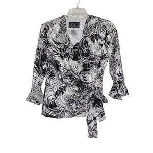 Alex Evenings Womens Jacket Top Blouse Black White 3/4 Bell Sleeves Size s